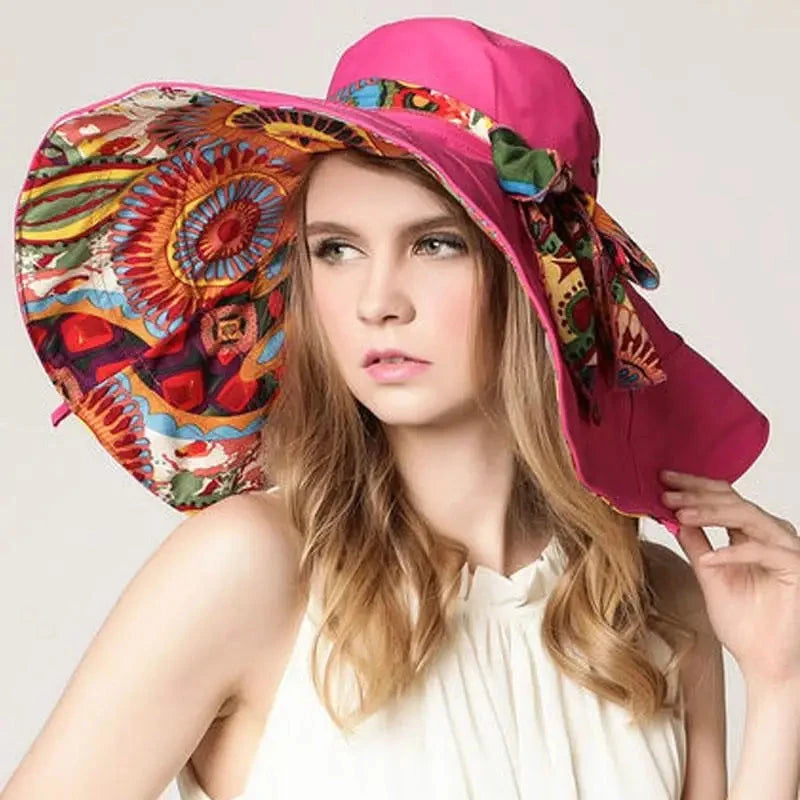Sun Hats for Women Summer Large Beach Hat Flower Printed Wide Brim Bob Chapeu Panama Feminino Good Vibrations