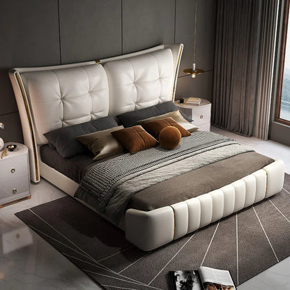 Light Luxury Leather King/Queen Bed Modern Soft Package Bed and Bedside Table for Bedroom Wedding Bed Solid Wood Bed Frame Good Vibrations
