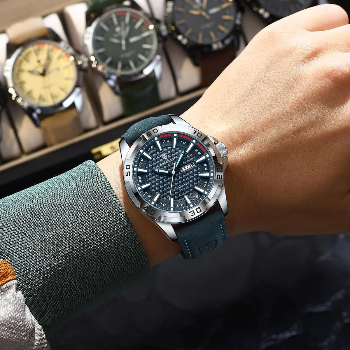 POEDAGAR Original Man Wristwatch Top Luxury Waterproof Luminous Date Week Watch For Men Quartz Sport Leather Men's Watches Reloj Good Vibrations