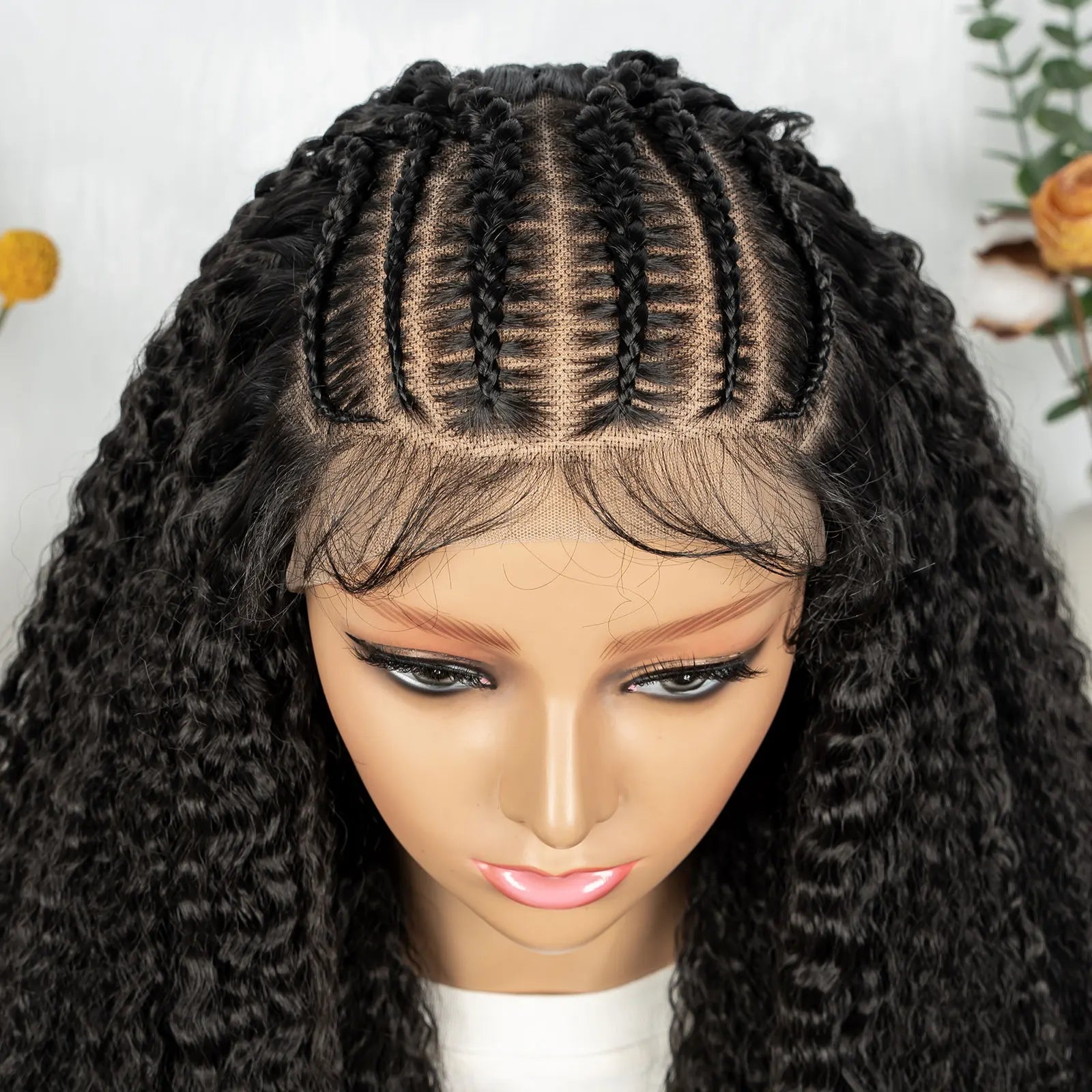 Knotless Braided Wigs With Curly Hair 13x6 Synthetic Braided Wigs Cornrows Wigs Afro Kinky Curly  Braided Wigs For Black Women Good Vibrations