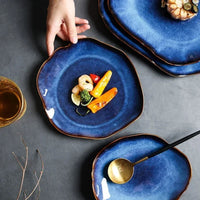 Ceramic Plates Deep Blue Irregular Flat Plate Pottery Dish Household Decoration Tableware Dinnerware Tray Hotel Kitchen Supplies Good Vibrations