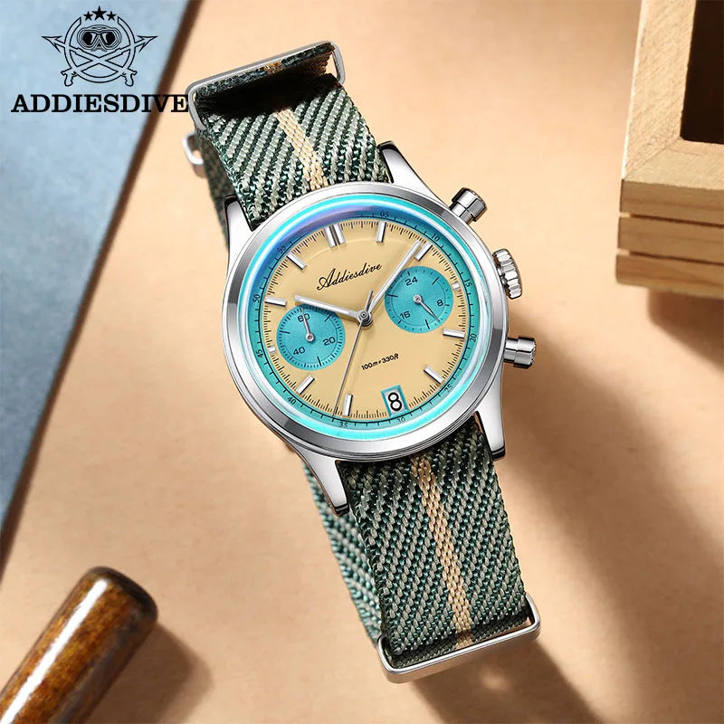 ADDIESDIVE Top Brand Man Watch BGW9 Super Luminous 10Bar Waterproof Bubble Mirror Glass VK64 Chronograph Quartz Steel Wristwatch Good Vibrations