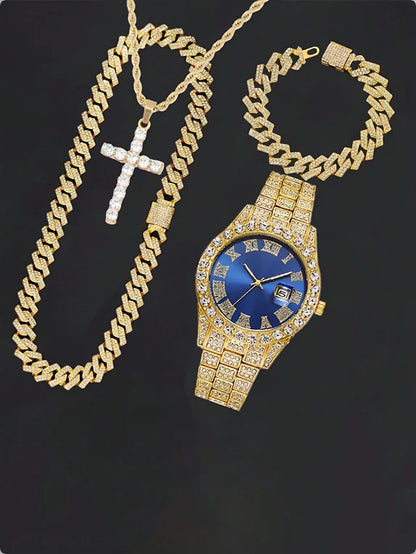 16mm Hip Hop Miami Cuban Link Chain Set Necklace +Watch+Bracelet Creative Iced Out Shiny Trendy Stylish Jewelry For Women Men Good Vibrations