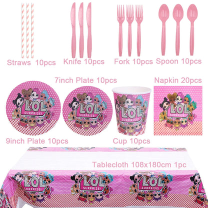 Girl Surprise Theme Backdrop Cute Shiny Doll Birthday Party Decoration Pink Latex Balloon Disposable Tableware Plate Cake Topper Good Vibrations