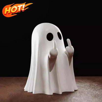 Halloween middle finger ghost statue with raised middle fingers, small spooky Halloween decor for coffee table centerpiece