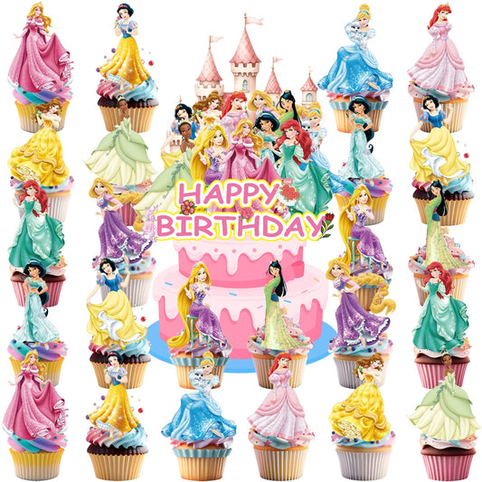25pcs Princess Cake Topper、Cupcake Toppers, Princess Birthday Decorations，Princess Theme Party Supplies, Princess Birthday Decor Good Vibrations