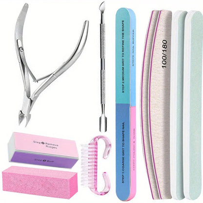 10Pcs/lot Nail Art 100/180 Grit Professional Files Buffer Sponge Block Brush Nail Scissors Kit With Cuticle Nipper Pushers Good Vibrations