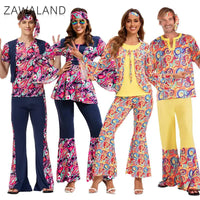 Couple Hippie Disco Costume 70S Vintage Top Pants Headband Dancer Set Carnival Fancy Outfit Indian Primitive Indigenous Clothes Good Vibrations