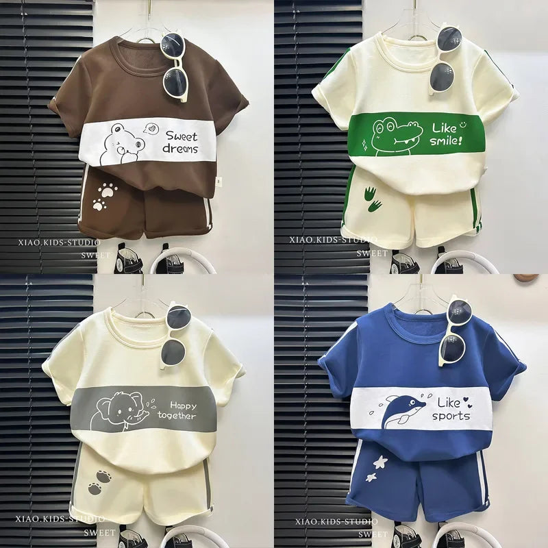 2024 New Kids Short Sleeve Suit Striped Girls Boys Set Summer Tops +short Baby Clothes Children's Wear Good Vibrations