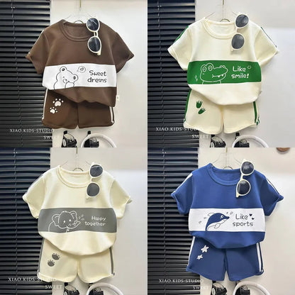 2024 New Kids Short Sleeve Suit Striped Girls Boys Set Summer Tops +short Baby Clothes Children's Wear Good Vibrations