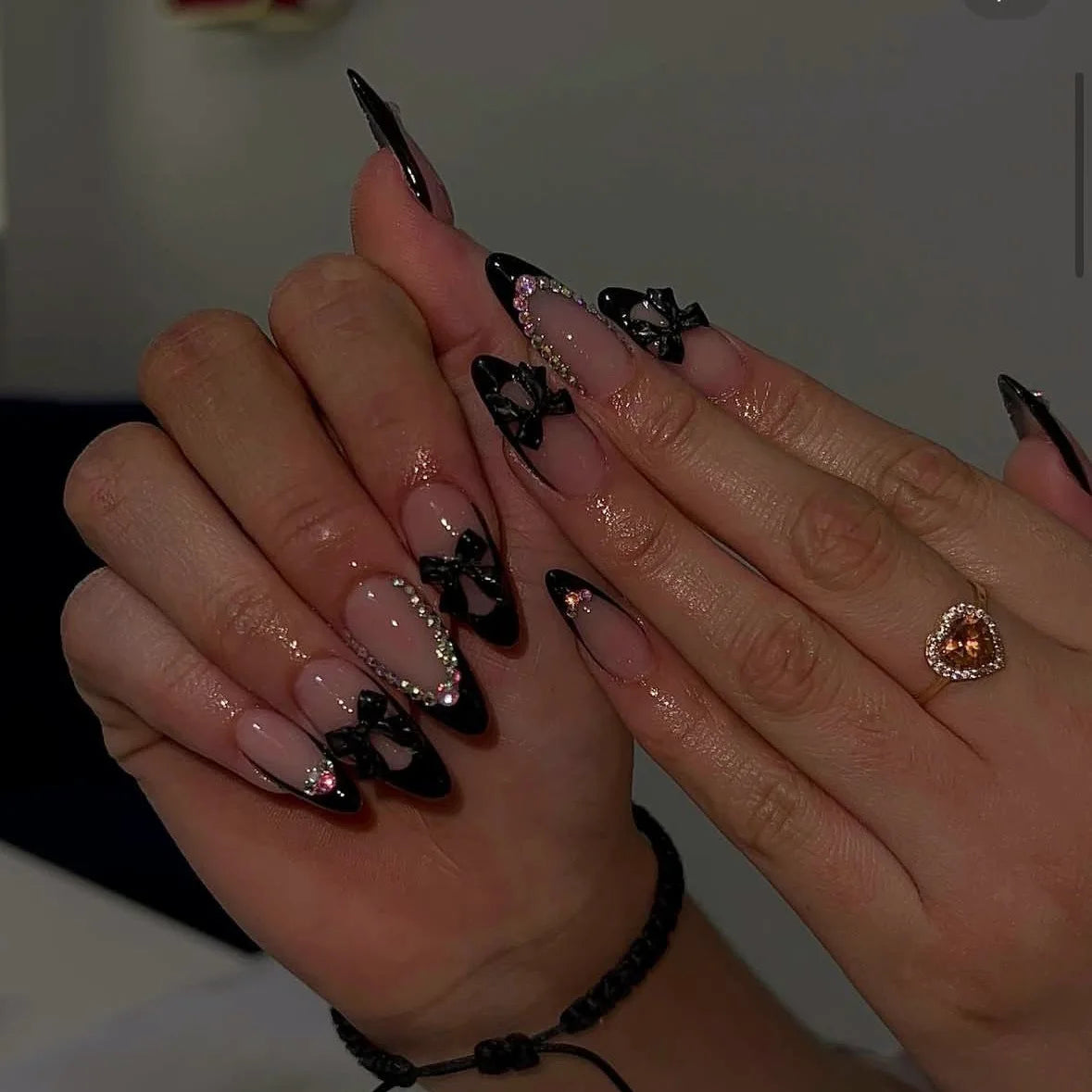 24Pcs False Nails Spicy Girl Silver Bow with Diamond Fake Nails with Glue Almond Press on Nails Black Cool Y2k Almond Nail Set Good Vibrations