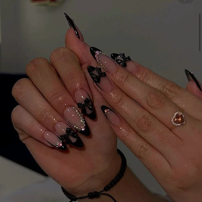 24Pcs False Nails Spicy Girl Silver Bow with Diamond Fake Nails with Glue Almond Press on Nails Black Cool Y2k Almond Nail Set Good Vibrations