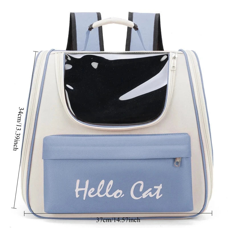 Pet Carrier Backpack with "Hello Cat" Lettering and Transparent Window Breathable Pocket Comfortable Cat & Dog Travel Backpack Good Vibrations