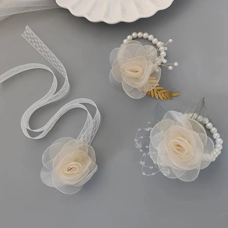Girls Bridesmaid Wrist Flowers Pearl Ribbon Rose Bracelet for Wedding Prom Party Bride to Be Bridesmaid Gift Wedding Accessories Good Vibrations