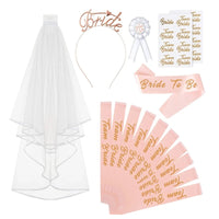 Bachelorette Party Bride To Be  Accessory Set - Team Bride Headband Rose Gold Sash Badge & Veil Bridal Shower Celebration Kit Good Vibrations
