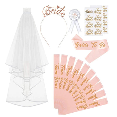 Bachelorette Party Bride To Be  Accessory Set - Team Bride Headband Rose Gold Sash Badge & Veil Bridal Shower Celebration Kit