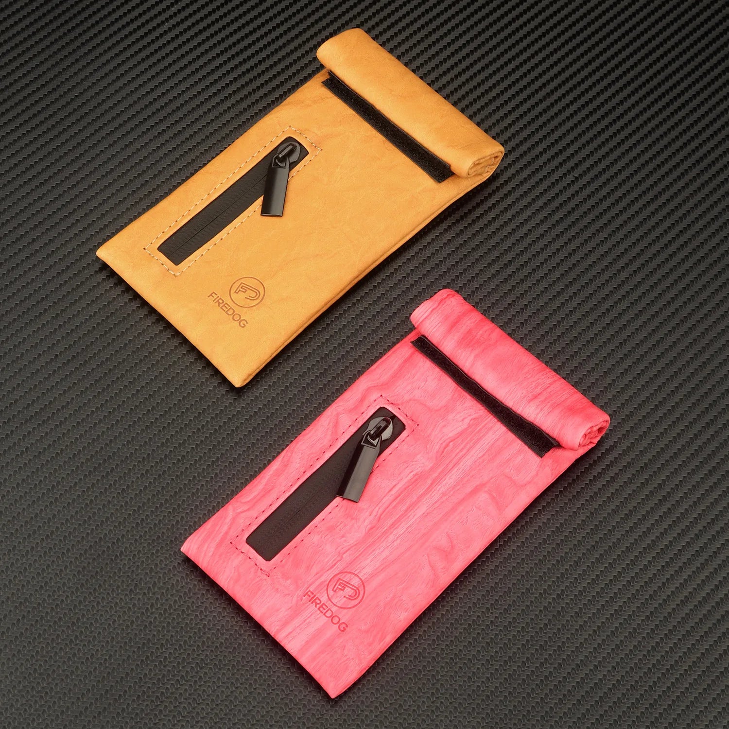FIREDOG Smoking Smell Proof Pouch in tan and pink PU leather with zipper, carbon lined for odor protection.
