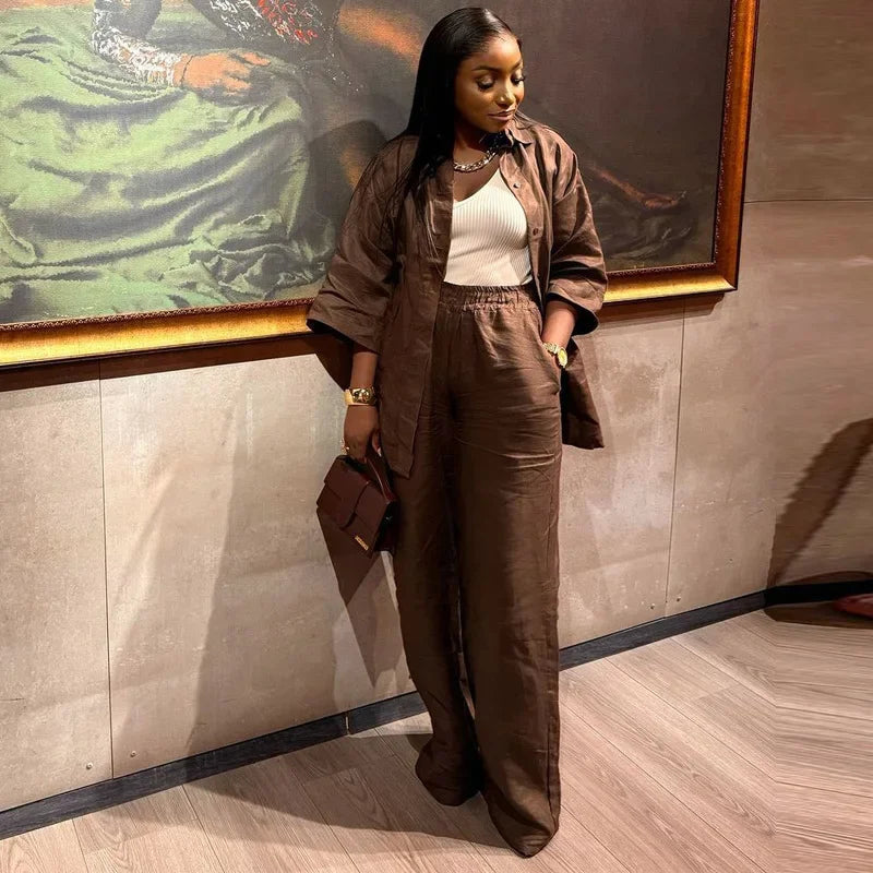 Women Two Piece Pant Sets Women solid Shirt Coffee Round Neck Straight Long Pants Suits Autumn Spring Tracksuit Sets 2025 Good Vibrations