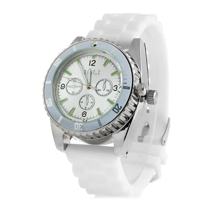 Portable watch style tobacco grinder with white strap and silver dial for DIY smoking accessories.