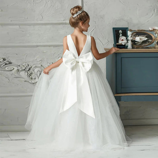 Girl Long White Bridesmaid Dresses For Wedding Prom Gown Big Bow Girls Party Dress Kids First Communiom Formal Evening Vestidos Good Vibrations