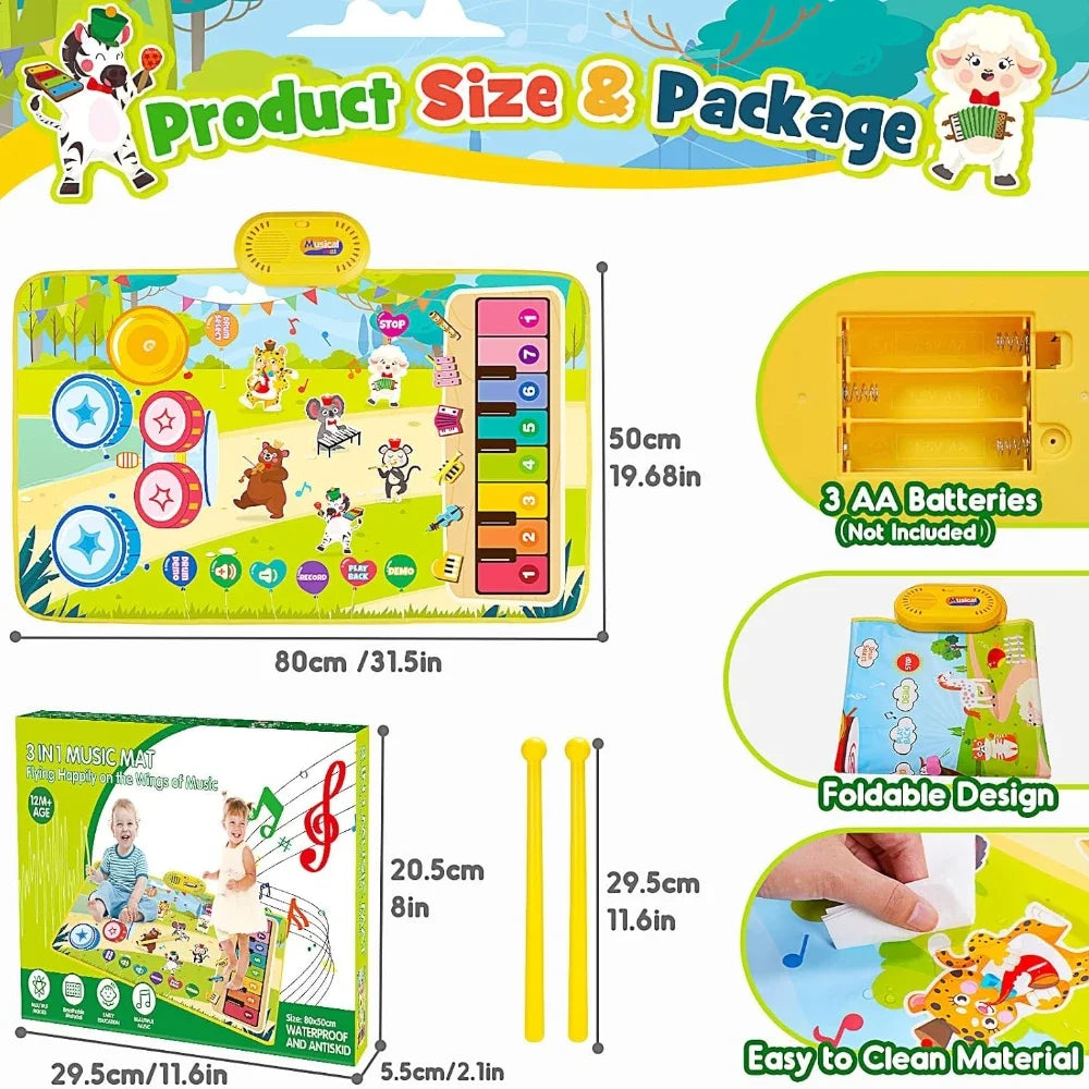 Education Dance Mat Toy for Kids ,3 in 1 Animal Musical Mat Toys,Music Playmats with 2 Sticks for Girls Piano Drum Birthday Gift Good Vibrations