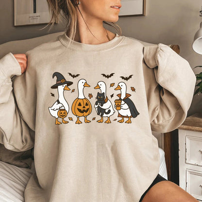 Halloween Goose Sweatshirt Funny Halloween Shirt Long Sleeve Crewneck Women Sweatshirt Spooky Goose Hoodies Fall Streetwear Tops Good Vibrations