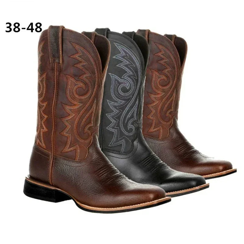 Mid-calf Western Boots Men Black Brown Cowboy Boots Handmade Leather Shoes for Men 2025 New Punk Man Women Unisex Riding Boots Good Vibrations