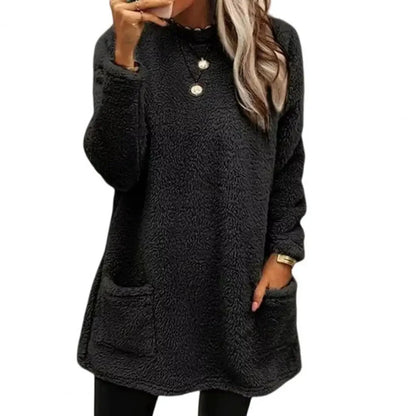 2025 Women Fall Winter Sweatshirt Thick Plush Windproof Sweatshirt Half-high Collar Warm Casual Mid Length Pockets Sweatshirt Good Vibrations