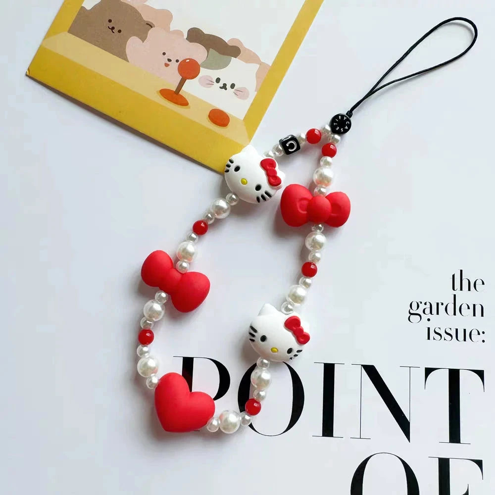 Anime Sanrio Hello Kitty Love Heart Pendant Cartoon Kt Cat Girl Cell Phone Kawaii Beaded Lanyard Jewelry Schoolbag Decoration Good Vibrations