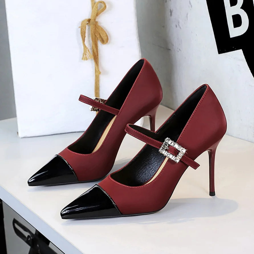 Women 9.5cm High Heels Lady Fashionable Rhinestone Pumps Female Pointed Toe Stiletto Heel Silk Comfortable Evening Shoes Good Vibrations