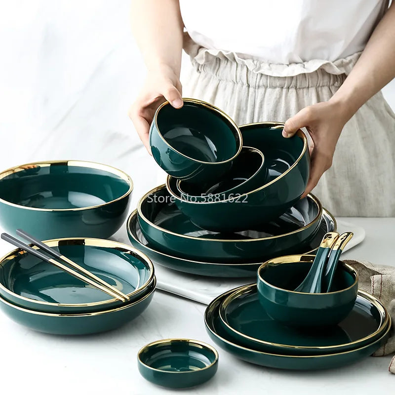 Green Ceramic Gold Inlay Plate Steak Food Plate Nordic Style Tableware Bowl Ins Dinner Dish High End Porcelain Dinnerware Set Good Vibrations