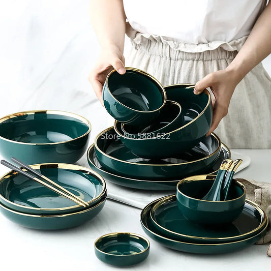 Green Ceramic Gold Inlay Plate Steak Food Plate Nordic Style Tableware Bowl Ins Dinner Dish High End Porcelain Dinnerware Set Good Vibrations