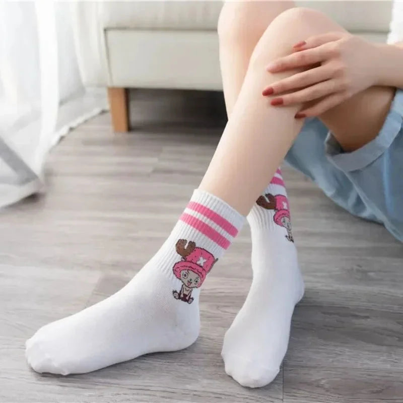 5Pair Anime One Piece Socks Cartoon Luffy Chopper Student Cotton White Long Short Boat Socks Printed Knitted Socks Children Gift Good Vibrations