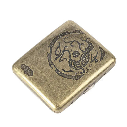 Retro brass cigarette box with intricate design, tobacco storage case, gift-ready.