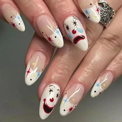 24Pc Halloween False Nails with Almond Head Designs Cute Clown Fake Nails French Full Cover Manicure Press on Nail Tips for Girl Good Vibrations