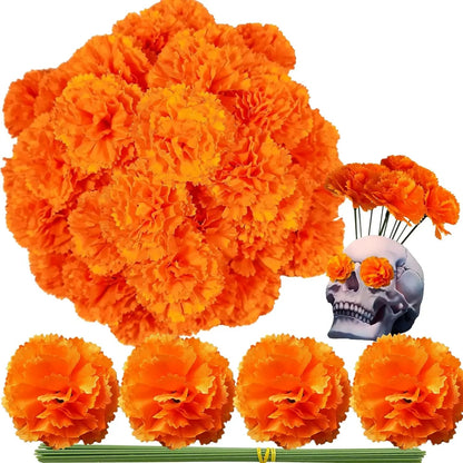50Pcs Mexican Marigold Artificial Flowers for Day of The Dead Diwali Home DIY Craft Party Halloween Dia De Los Muertos Decor Good Vibrations