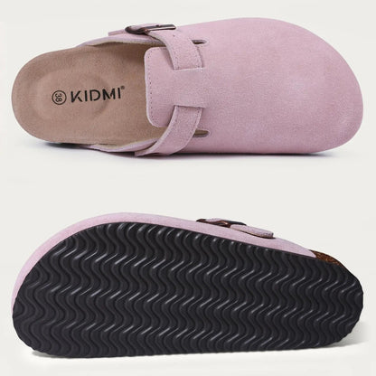 Comwarm Women's Suede Clogs with Adjustable Strap Cork Footbed Leather Mules Slippers Unisex Outdoor Comfortable Potato Shoes Good Vibrations