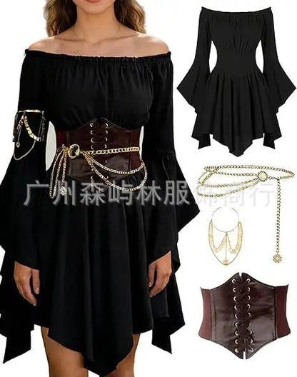 Women's Dress Suit Halloween Renaissance Medieval Pirate Dress Off-the-Shoulder Flared-Sleeve Waist-Cinched Dress Outfits Good Vibrations
