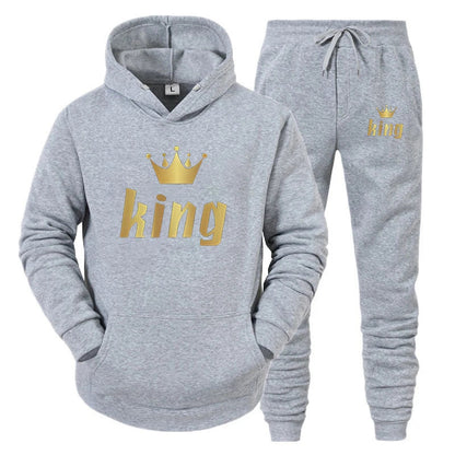 Fashion Long Sleeves KING And QUEEN Printed Hooded Suits Autumn Winter Couple Hoodie + Pants 2-Piece Suit Good Vibrations
