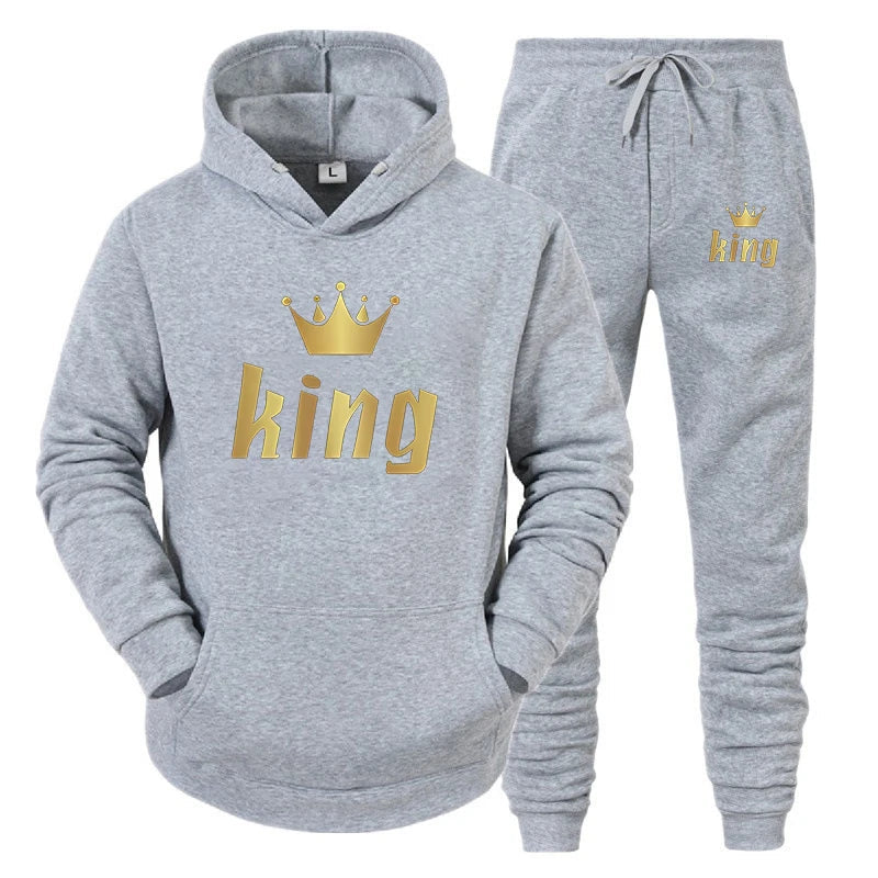 Fashion Long Sleeves KING And QUEEN Printed Hooded Suits Autumn Winter Couple Hoodie + Pants 2-Piece Suit Good Vibrations