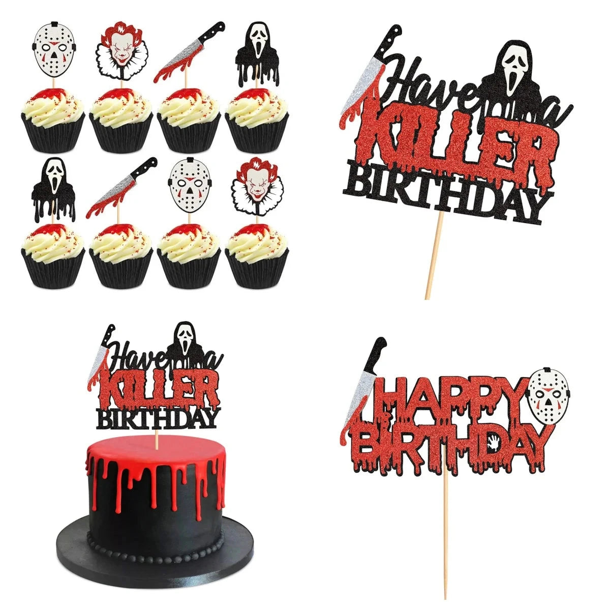 Cake Topper Blood Knife Mask Ghost Face DIY Halloween Cupcake Toppers Ghost Cake Flags Kids Birthday Killer Party Baking Decor Good Vibrations