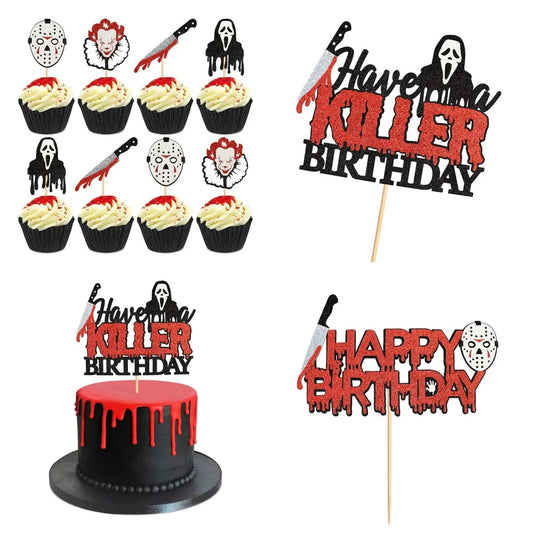 Cake Topper Blood Knife Mask Ghost Face DIY Halloween Cupcake Toppers Ghost Cake Flags Kids Birthday Killer Party Baking Decor Good Vibrations