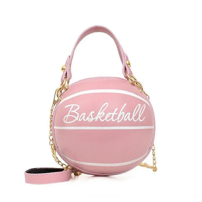 Women's Shoulder Bag PU Leather Chain Funny Round Basketball Letters Printed Youth Handbag Purse Fashion Crossbody Messenger Bag Good Vibrations