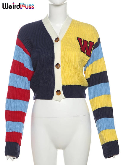 Weird Puss Y2K Cardigan Sweater Women Letter Print Casual Wild V-Neck Button Colorful Patchwork Street Trend Hipster Knit Coat Good Vibrations