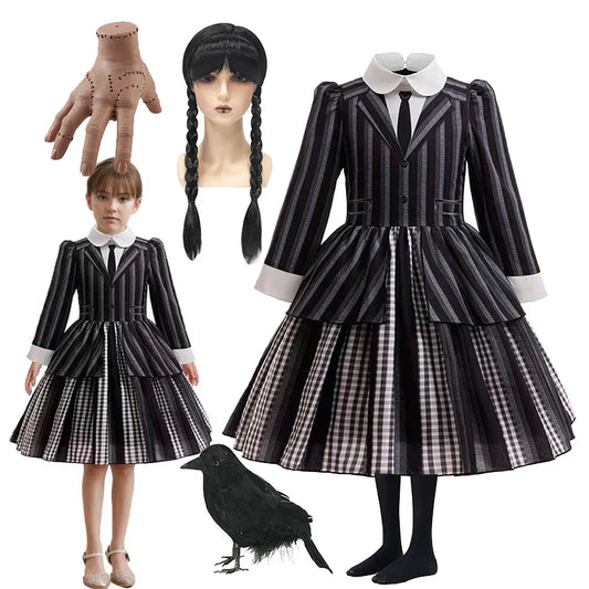 Halloween Gothic style striped school uniform costume dress for girls with Peter Pan collar and long sleeves