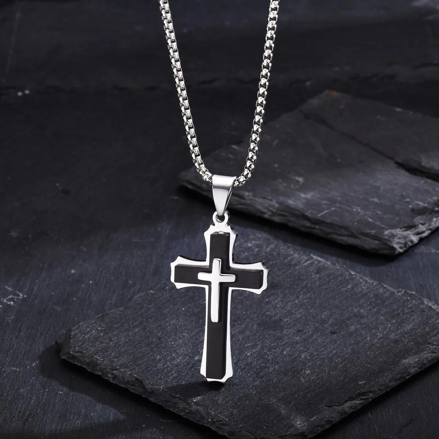 3D Cross Pendant Necklaces for Men Boys,Black Gold Color Stainless Steel Cross Necklace,Hiphop Punk Party Gift Good Vibrations