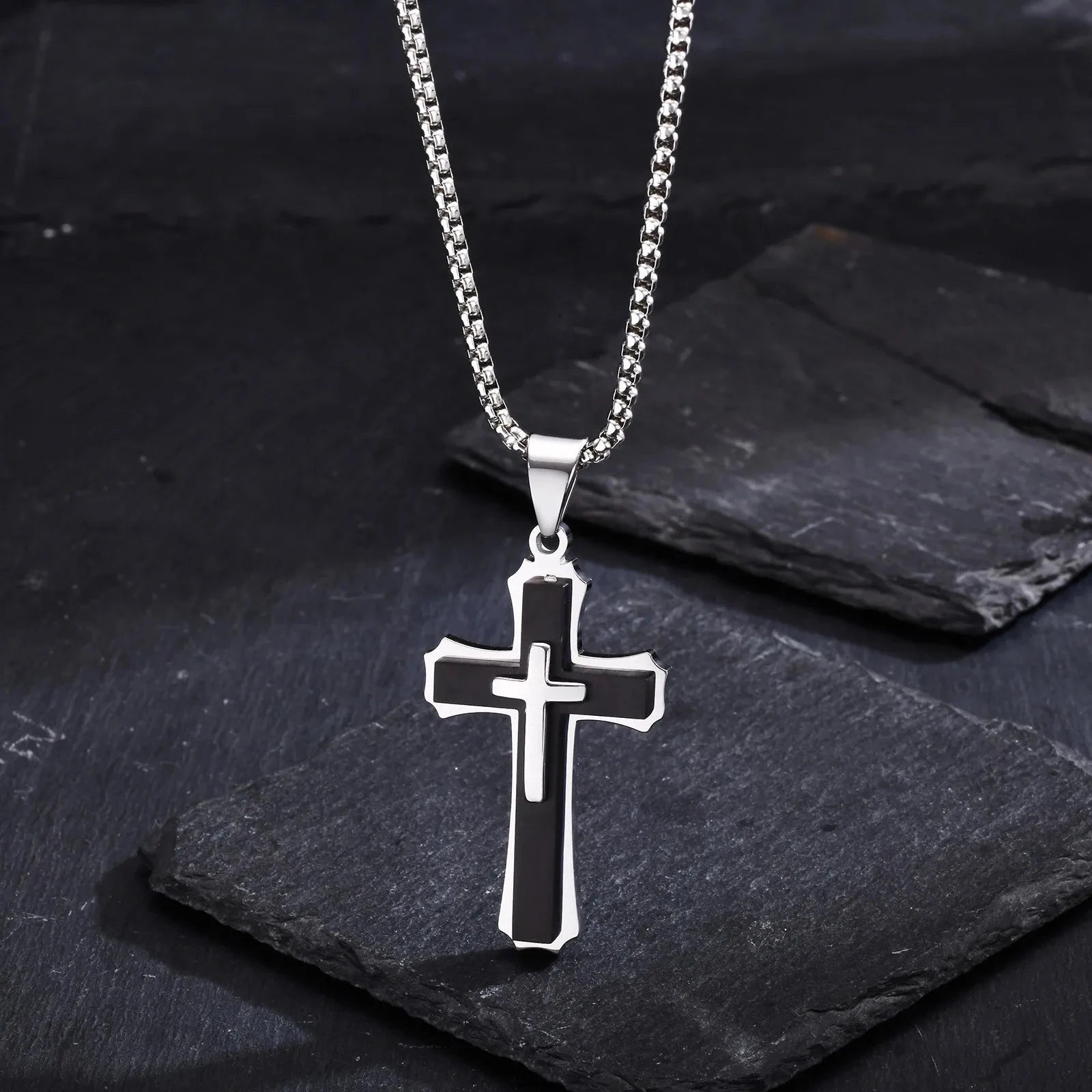 3D Cross Pendant Necklaces for Men Boys,Black Gold Color Stainless Steel Cross Necklace,Hiphop Punk Party Gift Good Vibrations