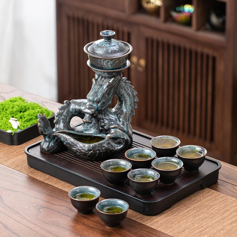 1 Set of Rotating Teapot, Ceramic Kiln Turns into Phoenix and Auspicious Teapot Set, Semi-Automatic Tea Set, Lazy Kung Fu Tea Set, All in One Coffee Drink Set, Novelty Tea Gift Good Vibrations