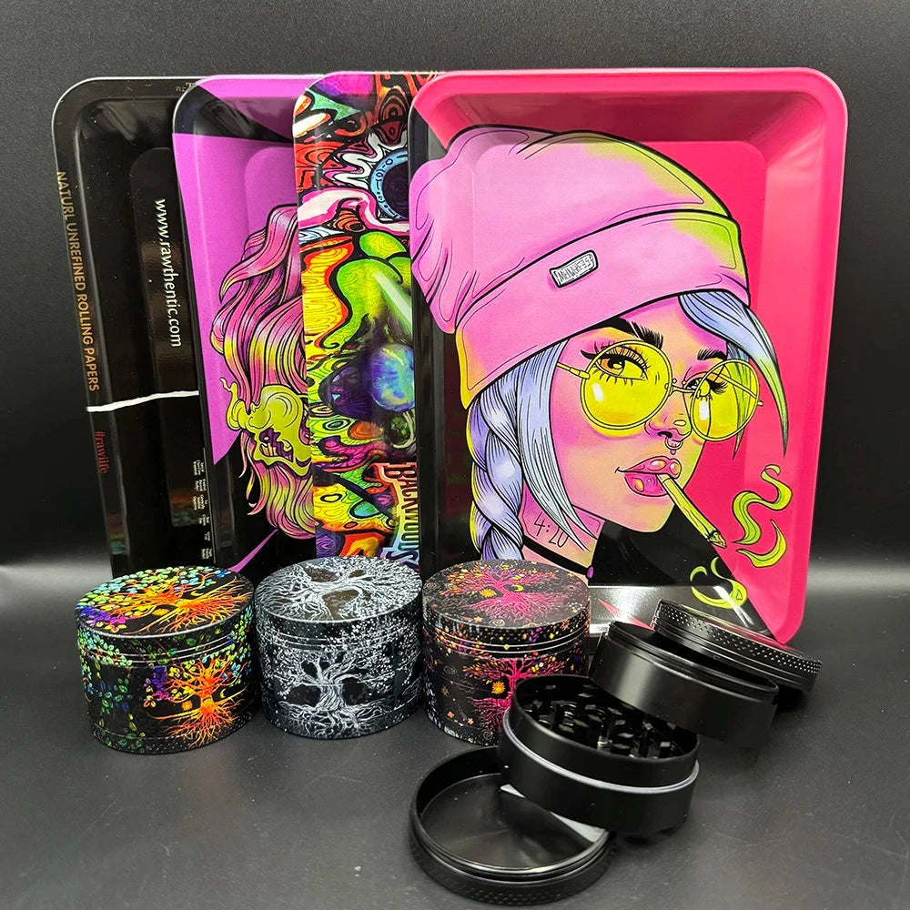 Manual 5cm Crusher Metal Grass Grinder TinPlate 18x12.5cm Rolling Tray Smell Proof Storage Tube Tobacco Herbal Set Cigar Tool Good Vibrations Adult Super Store