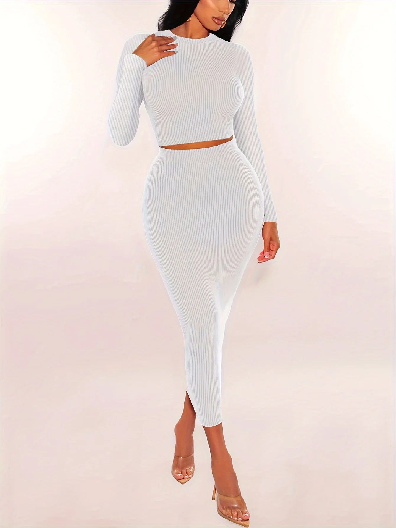 Women Skirts Set Long Sleeve Crop Tops Dress Two Piece Solid Color Skinny Bodycons Outfits Suits Knitted Slim Clothing